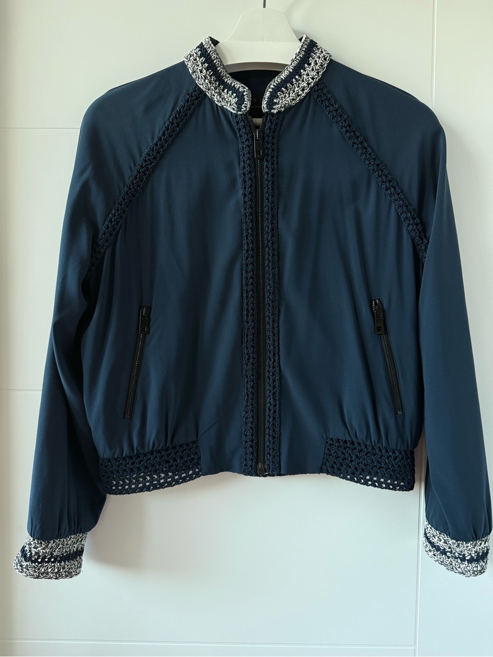 rag & bone Navy Silk Bomber Jacket with Contrast Knit Trim